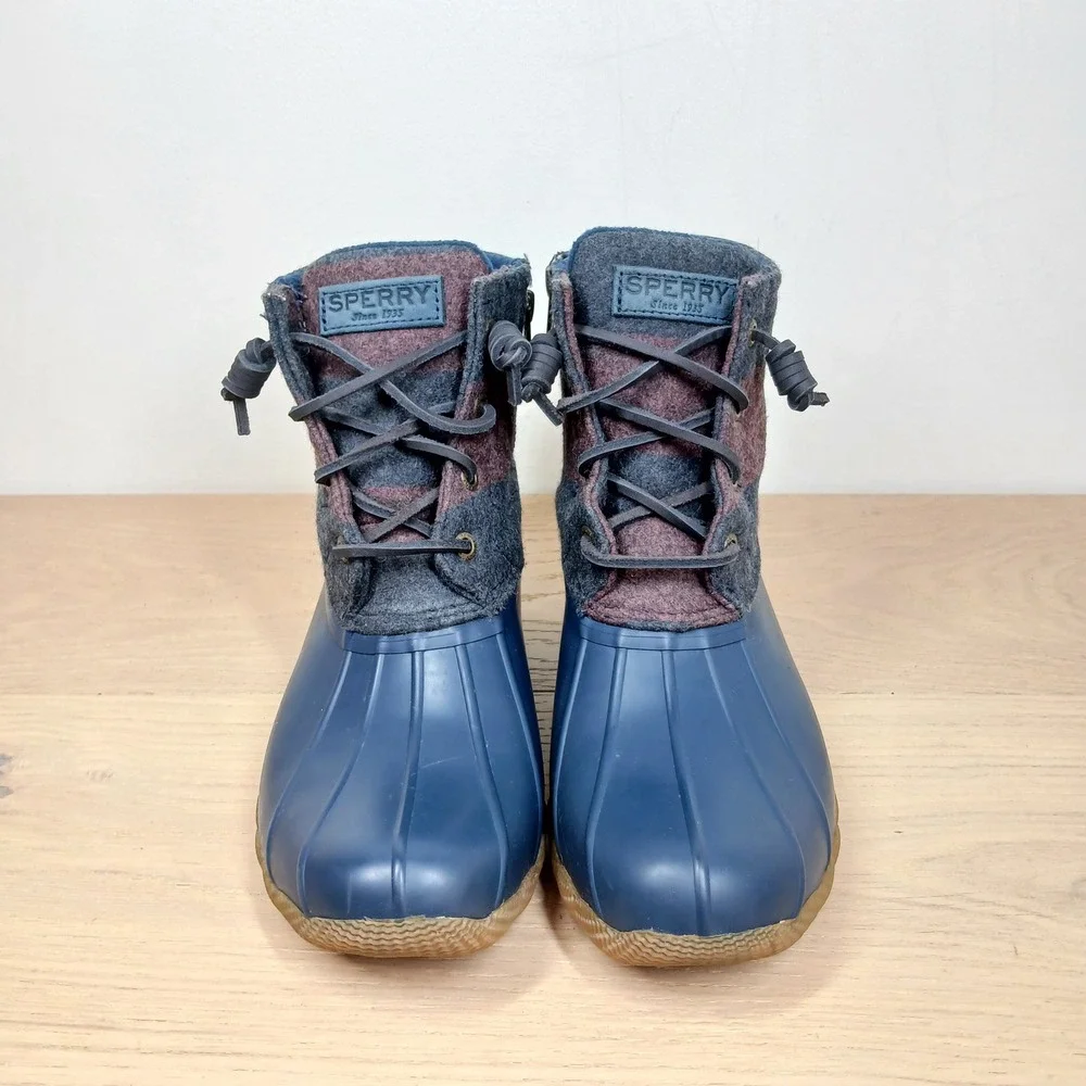 Sperry Saltwater Duck Boots Womens 7 Navy Blue Grey Burgundy Striped Wool Chore